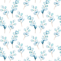 Seamless watercolor floral pattern with eucalyptus greenery, leaves, branches. Eucalyptus background for wallpapers, postcards, greeting cards, wedding invites, textile, events. Floral Watercolor