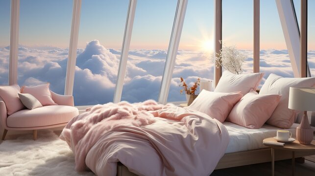 Professional Photography of a Room High up un the Sky. Landscape Above the clouds with a Pink Sky and Sunset.