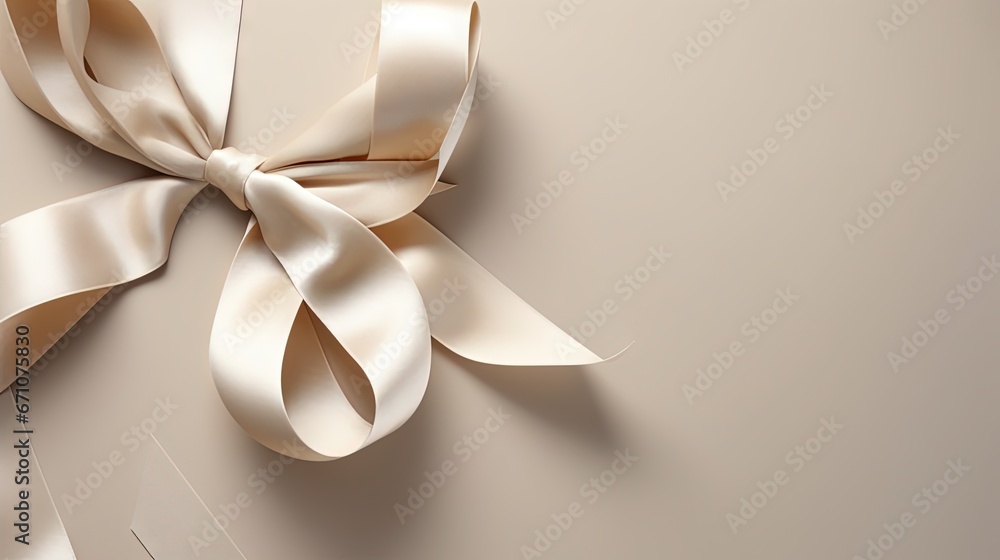 Poster a white ribbon with a bow on a beige background with room for text. generative ai