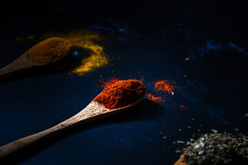 Wooden spoons with turmeric and red pepper on a dark background.