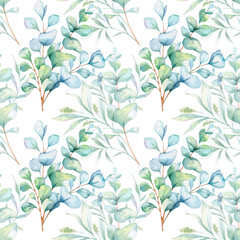 Seamless watercolor floral pattern with eucalyptus greenery, leaves, branches. Eucalyptus background for wallpapers, postcards, greeting cards, wedding invites, textile, events. Floral Watercolor