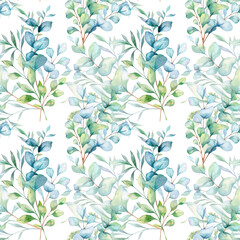 Seamless watercolor floral pattern with eucalyptus greenery, leaves, branches. Eucalyptus background for wallpapers, postcards, greeting cards, wedding invites, textile, events. Floral Watercolor