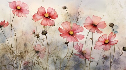  a painting of pink flowers in a field of tall grass.  generative ai