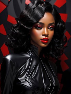 Beautiful sexy woman model lady with red lips in black elegant dress sitting on sofa near gray wall