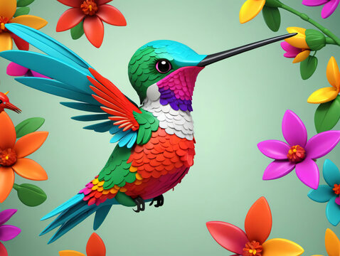 A Colorful Humming Bird Flying Through Flowers