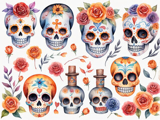 Watercolor Skulls And Roses