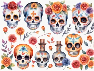 Runde Alu-Dibond Bilder Schädel Watercolor Skulls And Roses