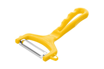 Paring knife isolated on white background, kitchen equipment. Fruit paring knife with plastic handles in yellow colors isolated on a white background.