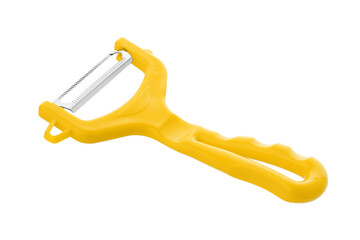 Paring knife isolated on white background, kitchen equipment. Fruit paring knife with plastic handles in yellow colors isolated on a white background.