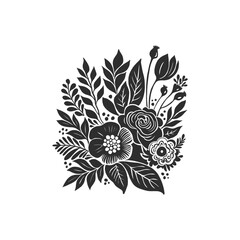 Abstract linocut flowers with magic, girls and mystical in ornate rural folk scandinavian style. Hand drawn Illustration, Linocut Blockprint.