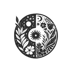 Abstract linocut flowers with magic, girls and mystical in ornate rural folk scandinavian style. Hand drawn Illustration, Linocut Blockprint. - obrazy, fototapety, plakaty