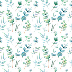 Seamless watercolor floral pattern with eucalyptus greenery, leaves, branches. Eucalyptus background for wallpapers, postcards, greeting cards, wedding invites, textile, events. Floral Watercolor