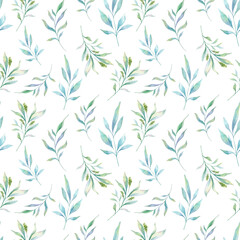 Seamless watercolor floral pattern with eucalyptus greenery, leaves, branches. Eucalyptus background for wallpapers, postcards, greeting cards, wedding invites, textile, events. Floral Watercolor