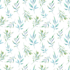Seamless watercolor floral pattern with eucalyptus greenery, leaves, branches. Eucalyptus background for wallpapers, postcards, greeting cards, wedding invites, textile, events. Floral Watercolor
