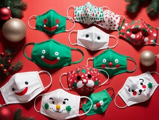 A Group Of Christmas Masks With A Christmas Tree In The Background