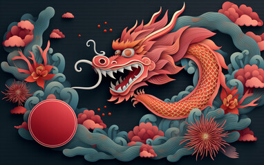 New Year banner, poster, banner, Chinese New Year 2024, Year of the Dragon. Dragon, with red, purple paper cut and craft style on black color background. Vector illustration - obrazy, fototapety, plakaty