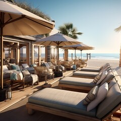 Beach Side Luxurious Sunbeds and Cabanas Overlooking the Horizon in a Sunny and Hot day of Summer.