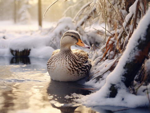 A Photo of a Duck in a Winter Setting