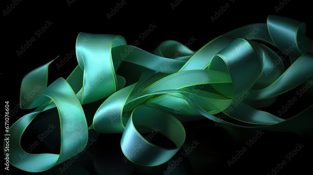 Poster a group of shiny green ribbons on a black background with a reflection. generative ai