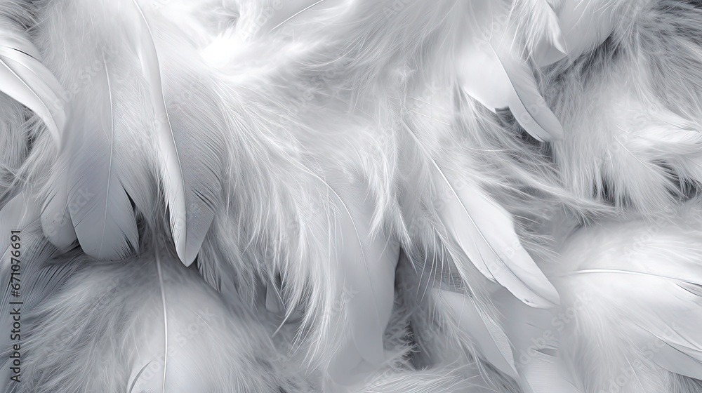 Poster white feathers are arranged in a pattern on a gray background. generative ai