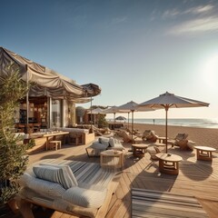Obraz premium Beach Side Luxurious Sunbeds and Cabanas Overlooking the Horizon in a Sunny and Hot day of Summer.