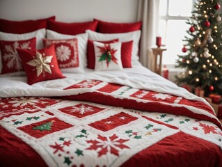 A Bed With A Christmas Quilt On It