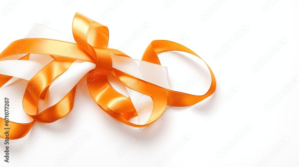 Poster a close up of a ribbon on a white background with a gold ribbon. generative ai