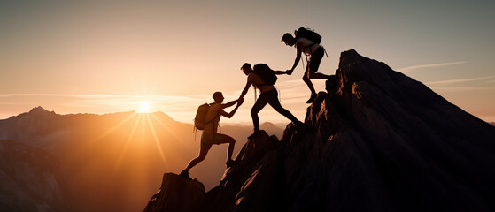 Three climbing friends helping each other as a team reach the mountain peak - obrazy, fototapety, plakaty