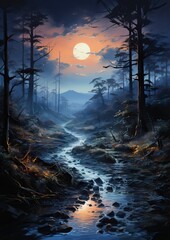 A Portrait of a Forest next to a little River Dark forest while the Sun is setting. An Orange and Pink Sky Covered by Clouds.