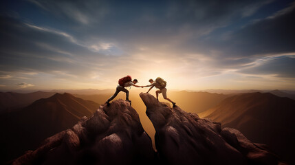 Two hikers in a difficult situation plan and execute a strategy to succeed - obrazy, fototapety, plakaty