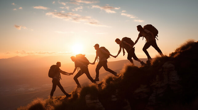 Team members supporting each other in achieving team goal of climbing the mountain