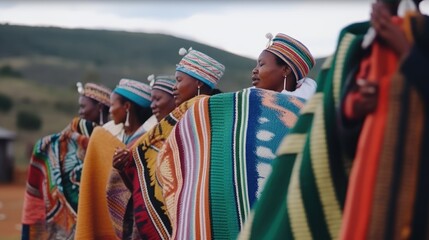 African women Bantu nation Basotho tribe in modern handmade traditional colorful blankets are dancing in the village. Tribal ritual before the Lesotho King birthday .  - obrazy, fototapety, plakaty