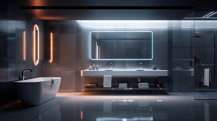 The Interior of a Modern and Surreal Bathroom. Luxurious and Spacious Blue Colored Bathroom.