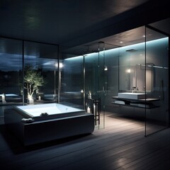 The Interior of a Modern and Surreal Bathroom. Luxurious and Spacious Blue Colored Bathroom.