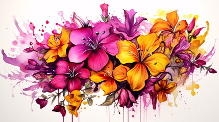 Magenta And Yallow Flowers Elegance Realistic Watercolor with Ink and Pencil Accents.
