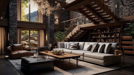 Fototapeta premium A Luxurious Wooden Living Room With a Massive Staircase. Interior of an Expensive Mansion.