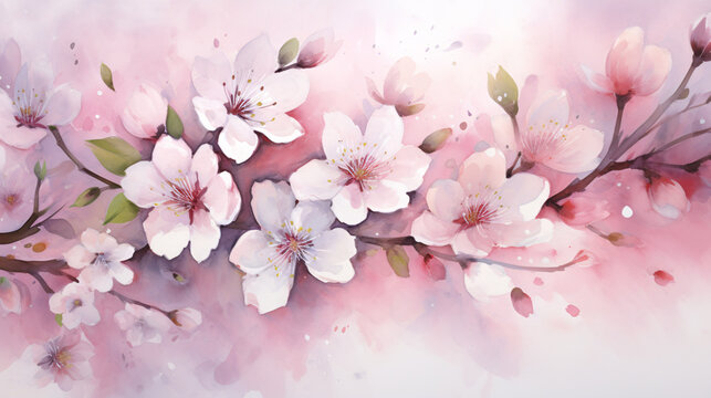 Pink And White Flowers Elegance Realistic Watercolor with Ink and Pencil Accents.