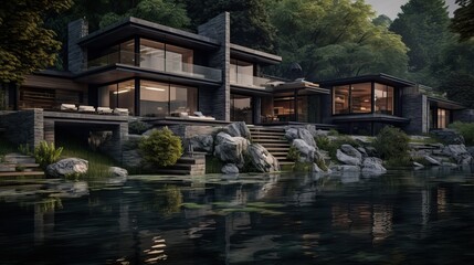 Huge Modern House Located Among the Trees inside a Green Forest. Luxury House in front of a Lake.