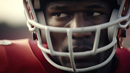 Close-up of serious American football player in red jersey looking down against sports pitch 