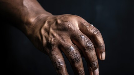 Close-up of the hand of a person who has worked hard or exercised hard, dark skin, hard, rough, dry skin, injury, sore wrist, wounded finger, locked finger and care concept to recover and be healthy. 