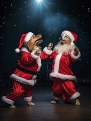 Dogs in Santa Claus costumes dance a retro dance Bugel Vugel on the dance floor. Funny and cheerful dance christmas concept. Vertical photo.