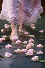 Woman Walking in Water full of Pink Roses with sandals in a Soft Pink colored Woman Walking in Water full of Red Roses with sandals in a white Dress in the middle of ress in the middle of the Nature.