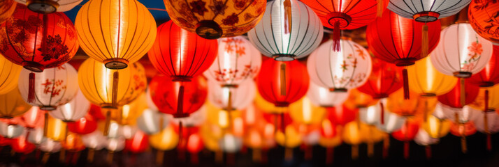 Naklejka premium The street is decorated with Chinese lanterns to celebrate the New Year. Typical decorations to welcome the Chinese New Year.