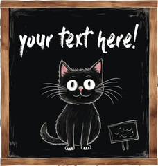 Vector illustration of a simple drawing of a cute cat on a black board with a white chalk.