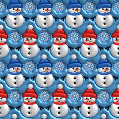 Funny Christmas Snowman 3D Inflated Puffy Seamless Tileable Pattern.
