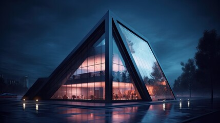 Contemporary triangle shape design modern Architecture building exterior with glass, concrete and steel element. Night scene. Photorealistic 3D rendering. 