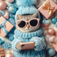 Cute cat in a knitted hat and sunglasses with a phone on Christmas background.
