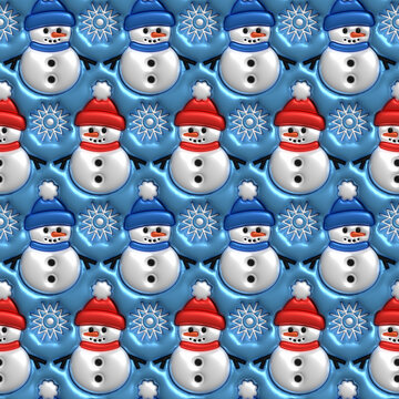 Funny Christmas Snowman 3D Inflated Puffy Seamless Tileable Pattern.