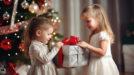 Fototapeta na wymiar Christmas children. Little children on Christmas holiday in winter season