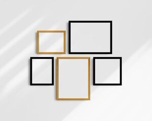Gallery wall mockup set, 5 black and yellow oak wood frames. Frame mockup. Horizontal, vertical, square, 12x16 (3:4), 16x12 (4:3), 8x10 (4:5), 10x8 (5:4), 10x10 (1:1) inches. White wall with shadows.